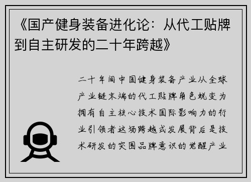 《国产健身装备进化论：从代工贴牌到自主研发的二十年跨越》