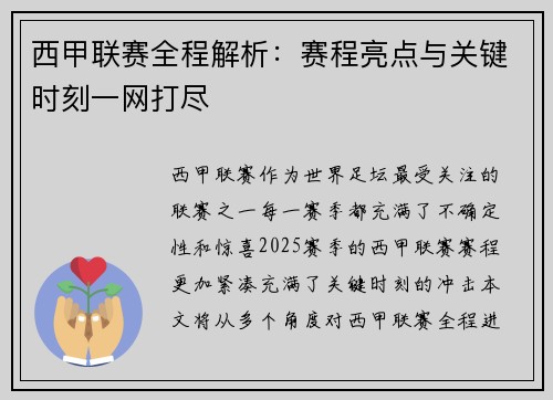 西甲联赛全程解析：赛程亮点与关键时刻一网打尽